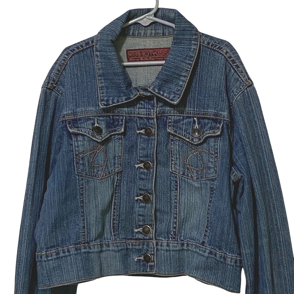 Vtg 90s Y2K Hot Kiss Juniors Womens Cropped Distressed Denim Jean Jacket Blue L